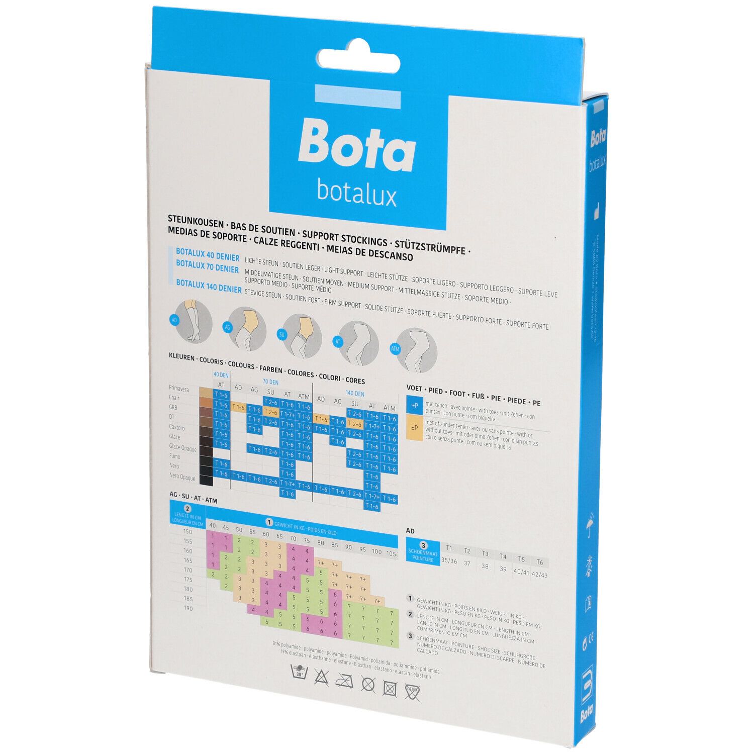 Dos de l'emballage Bota botalux. Texte: bas de soutien, informations tailles et couleurs. Logo Bota botalux.