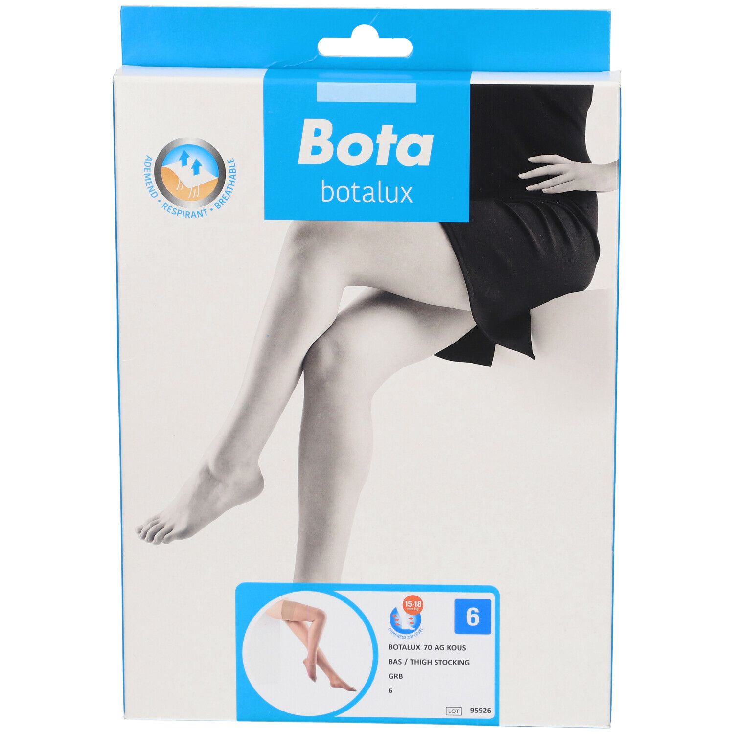 Emballage Bota botalux 70 AG bas-cuisses. Illustration d'une jambe avec bas. Taille 6. Logo Bota botalux.