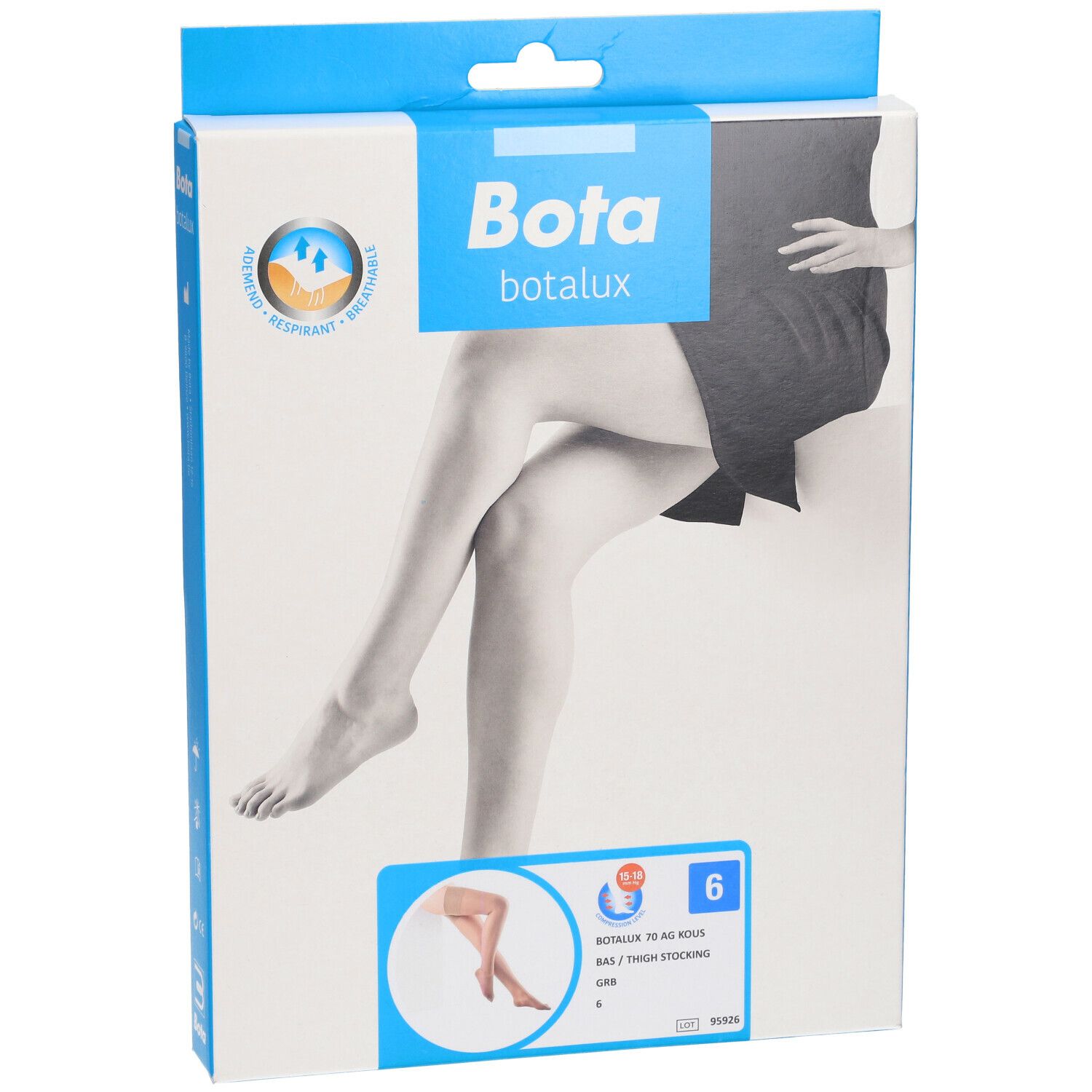 Emballage Bota botalux 70 AG bas-cuisses. Illustration d'une jambe avec bas. Taille 6. Logo Bota botalux.