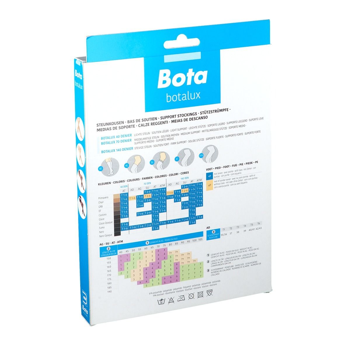 Dos de l'emballage Bota Botalux 70 AT Höschen 6. Informations sur le produit et tableau des tailles.