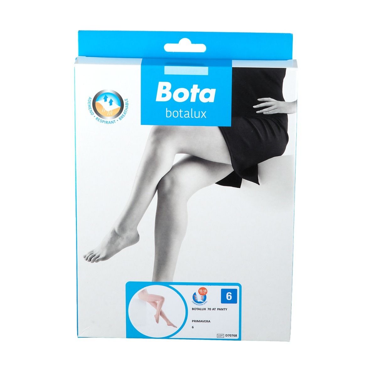Vue de face de l'emballage Bota Botalux 70 AT Höschen 6. Image du produit et logo sur boîte bleue et blanche.