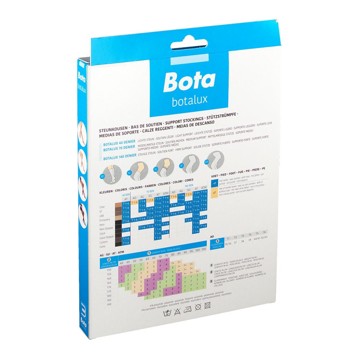 Dos de l'emballage Bota Botalux 140 AD Chair. Informations sur les bas de soutien, les couleurs, les tailles et autres détails.