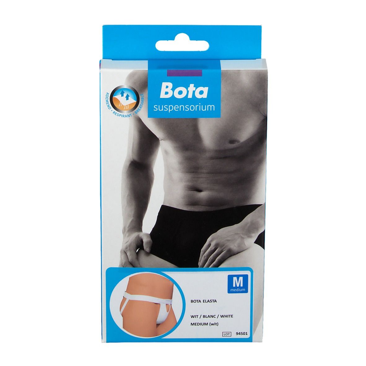 Bota Suspensiorium verpakking. Afbeelding van een man. Productillustratie: witte Elasta suspensor. Maat M.