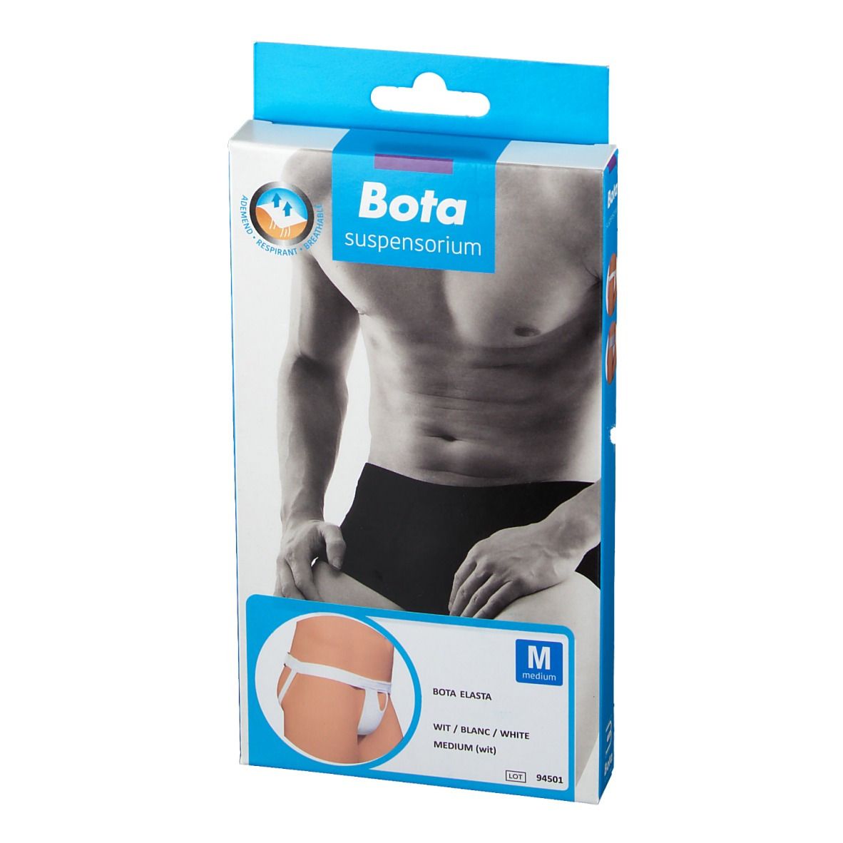 Bota Suspensiorium verpakking. Afbeelding van een man. Productillustratie: witte Elasta suspensor. Maat M.
