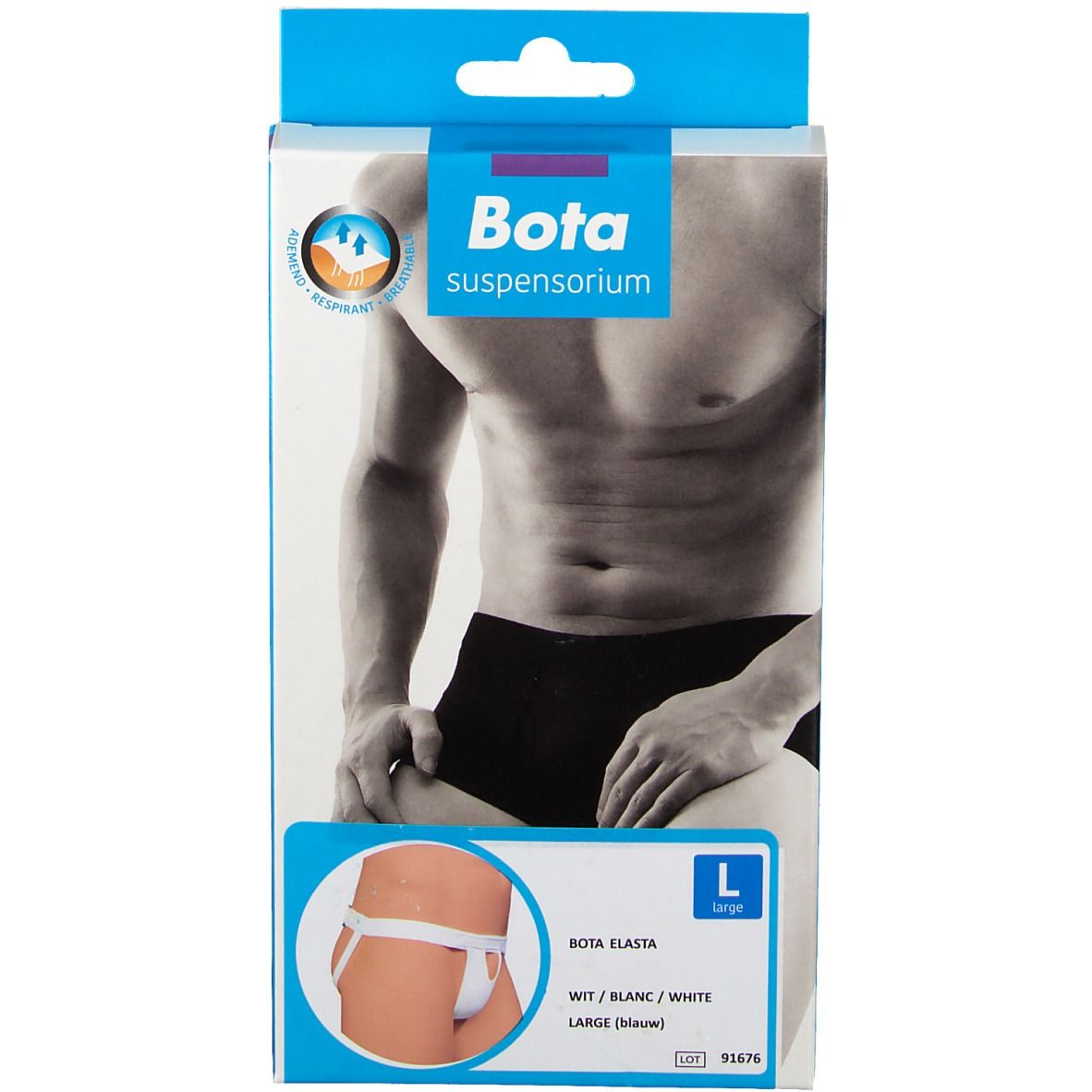 Suspenseur Bota Elasta en emballage. Produit blanc avec étiquette bleue. Taille L.