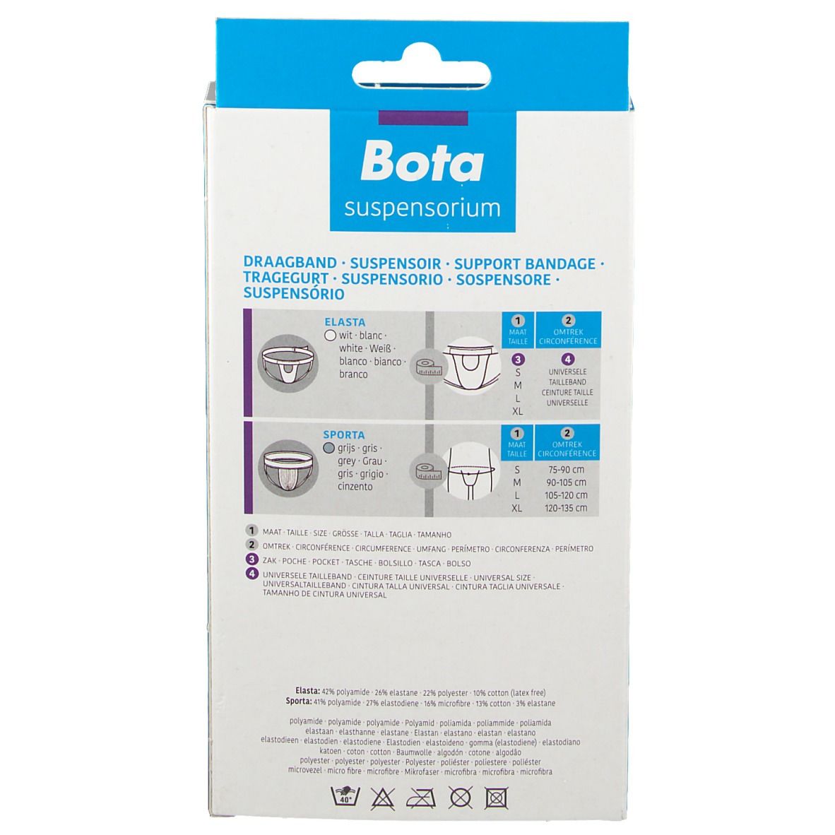 Dos de l'emballage Bota Elasta. Informations sur le produit et tailles.