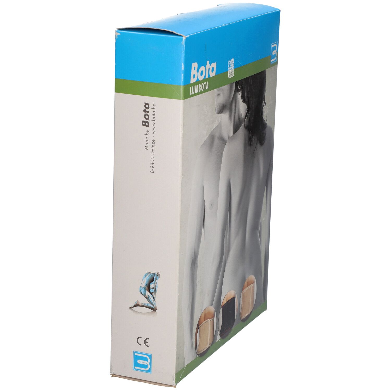 BOTA Lumbota Verpackung, Seitenansicht. Logo und Produktname. Abbildung von Mann und Frau. CE-Kennzeichnung.