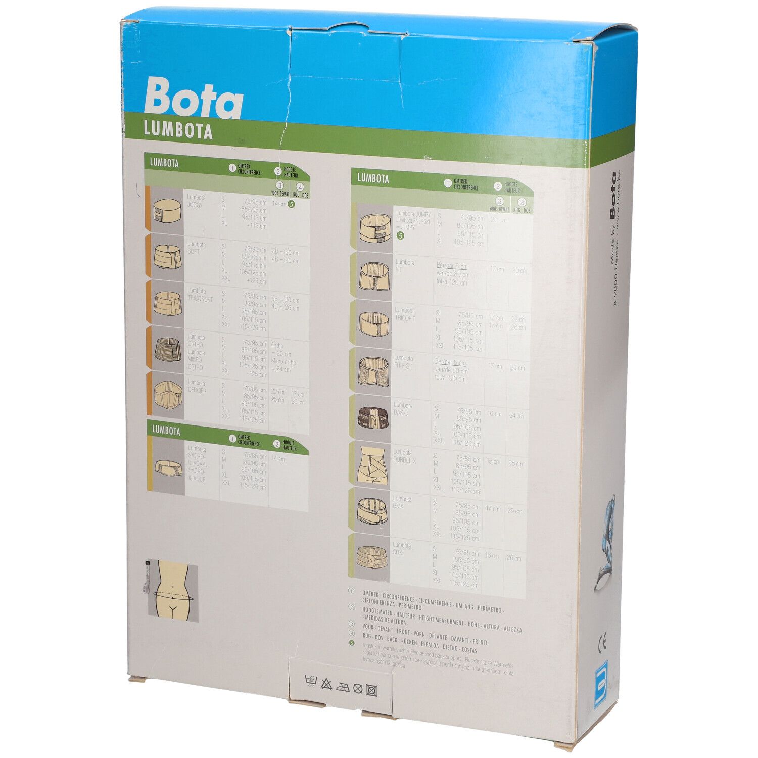 Rückseite der BOTA Lumbota Verpackung. Produktinformationen und Größenangaben. Waschsymbole.