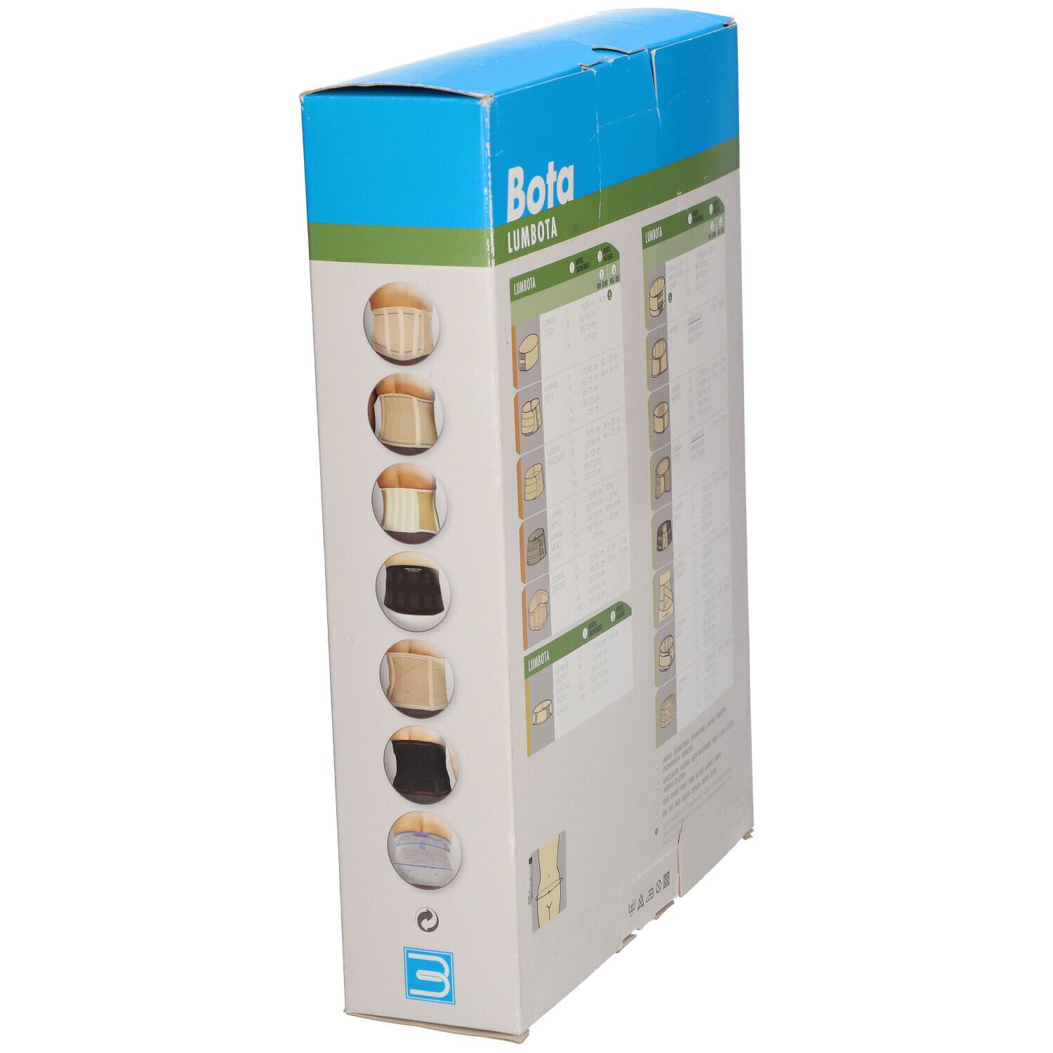 BOTA Lumbota Verpackung, Seitenansicht. Produktname und Logo. Abbildung von Produktvarianten.