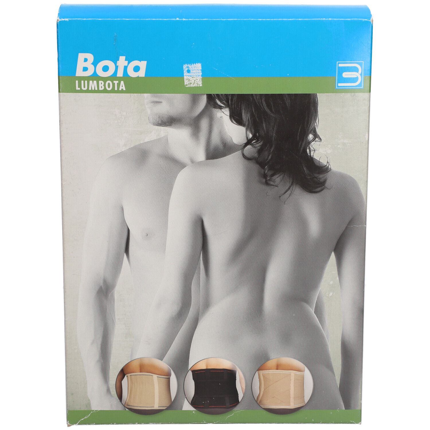 BOTA Lumbota Verpackung. Produktname und Logo. Abbildung von Mann und Frau. Drei Produktvarianten abgebildet.
