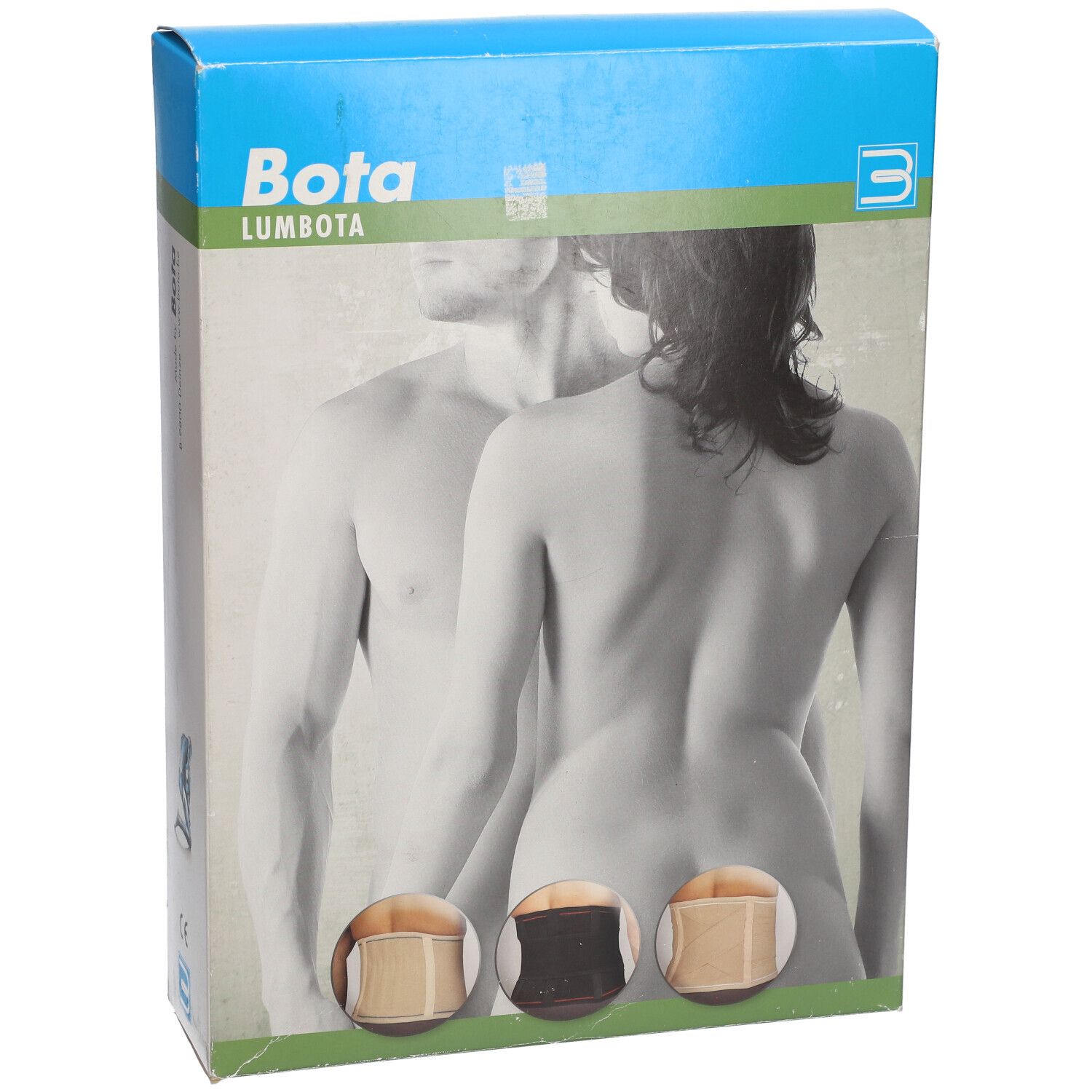 BOTA Lumbota Verpackung. Produktname und Logo. Abbildung von Mann und Frau. Drei Produktvarianten abgebildet.