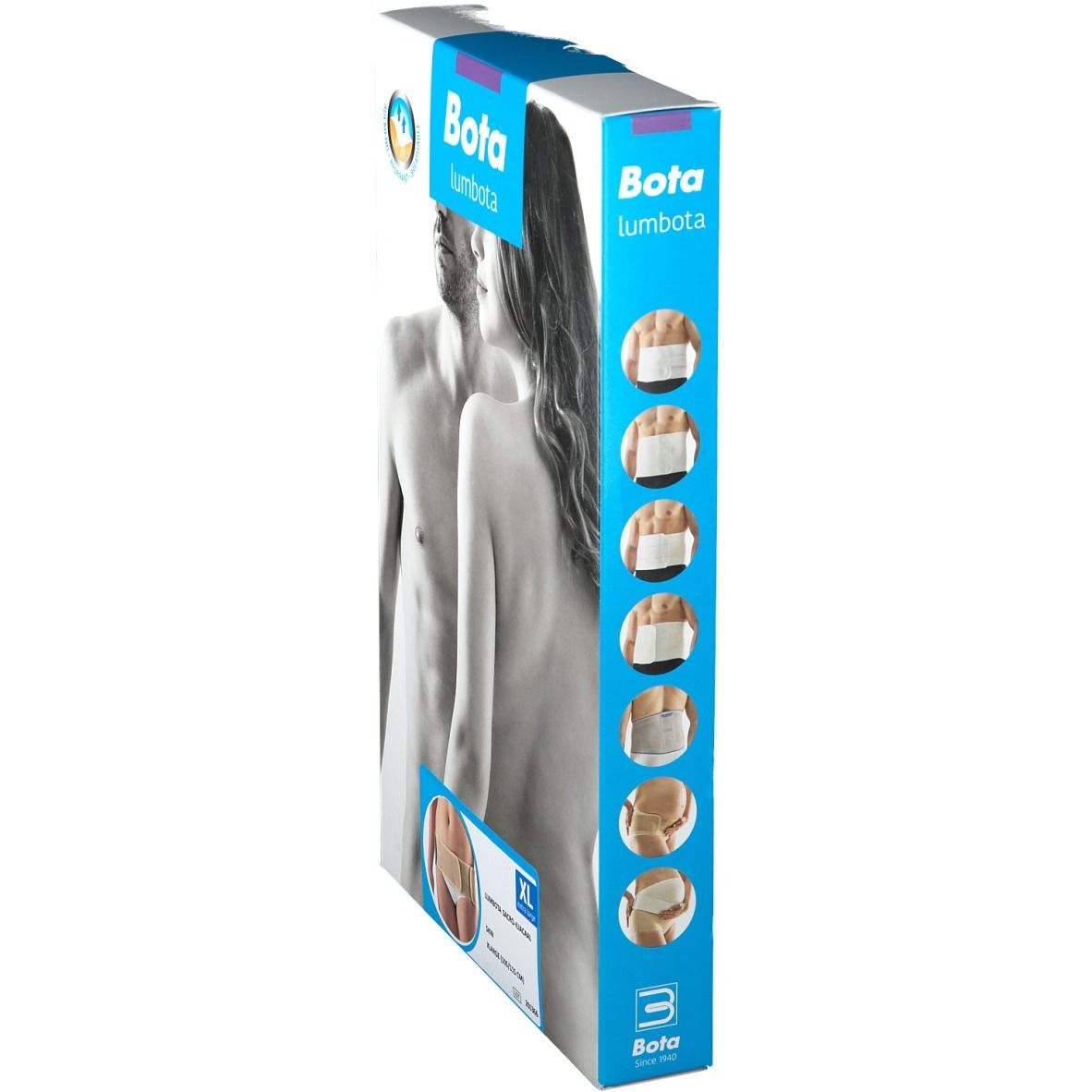 Emballage Bota Lumbota. Vue latérale avec illustrations du produit et indication de taille XL.