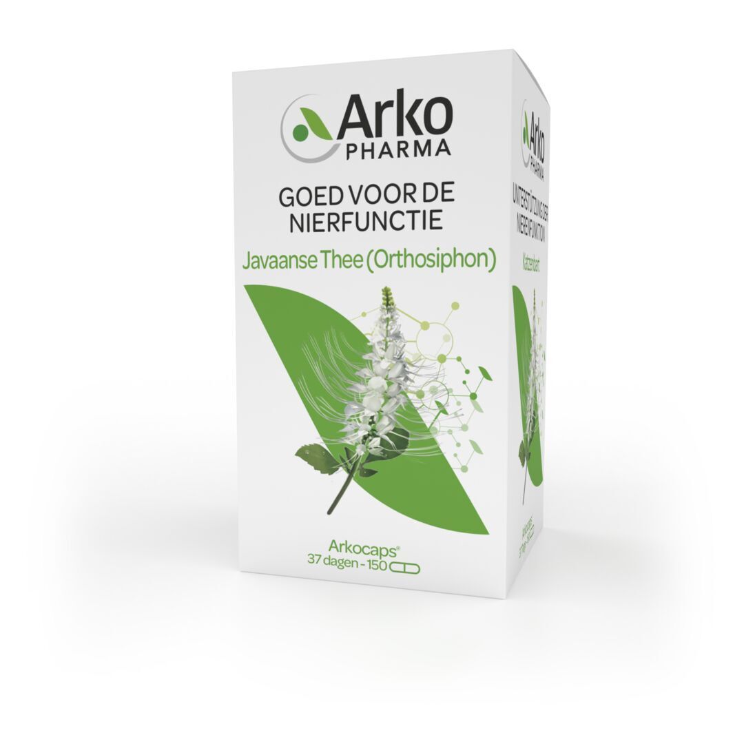 Witte doos met groen element. Logo en productnaam. Tekst.