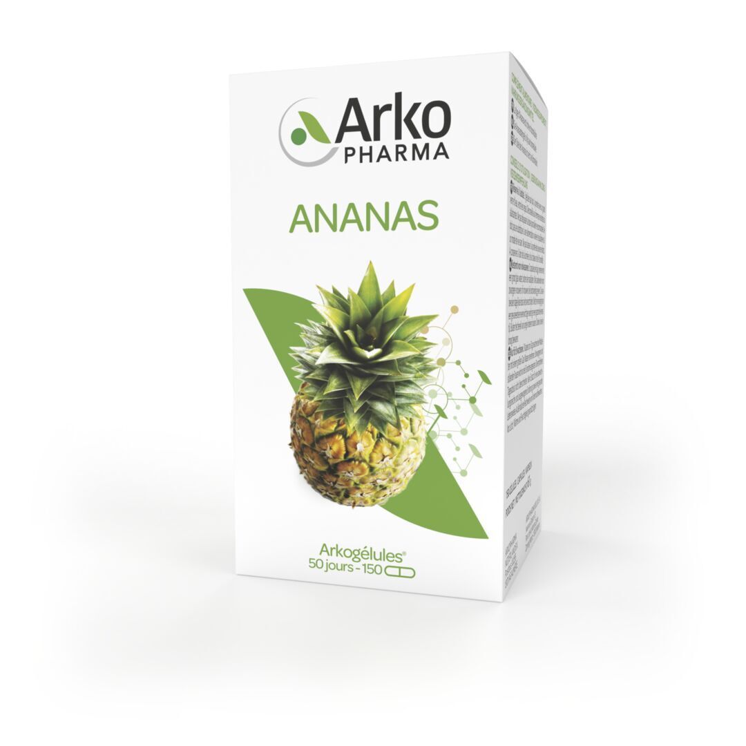 Boîte blanche avec logo, ananas et texte. Accents verts.