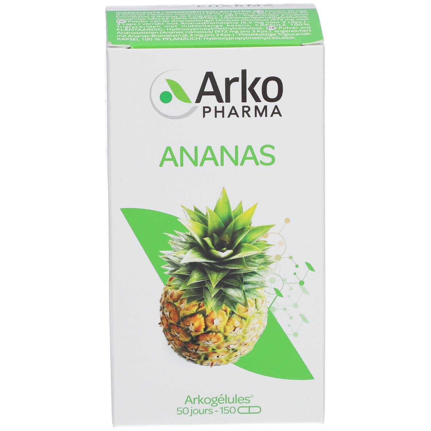 Boîte blanche avec logo, ananas et texte. Accents verts.