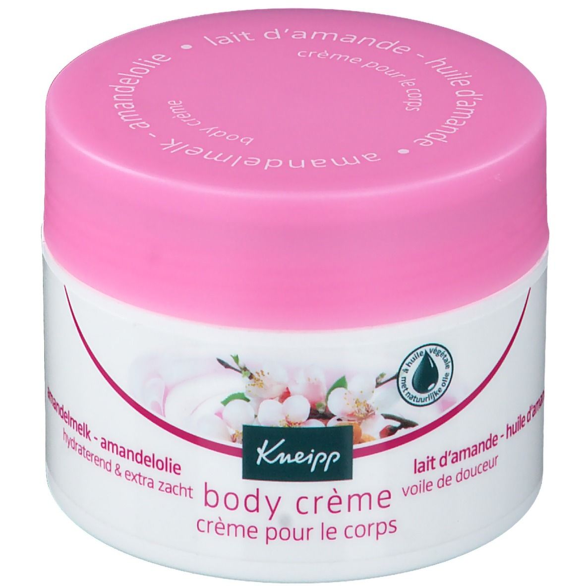 Pot blanc avec couvercle rose. Inscription: Kneipp body crème. Décor floral. Lait d'amande.