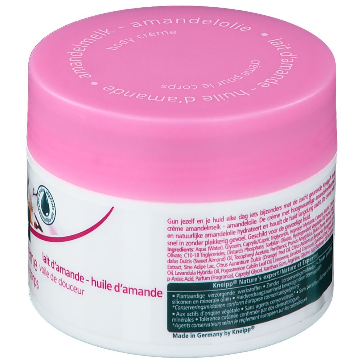 Pot blanc avec couvercle rose. Dos avec texte. Inscription: Kneipp. Lait d'amande - huile d'amande.