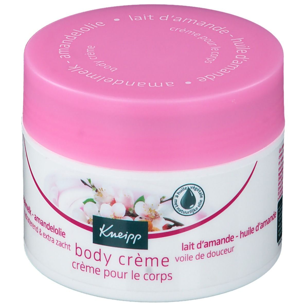 Pot blanc avec couvercle rose. Inscription: Kneipp body crème. Décor floral. Lait d'amande.