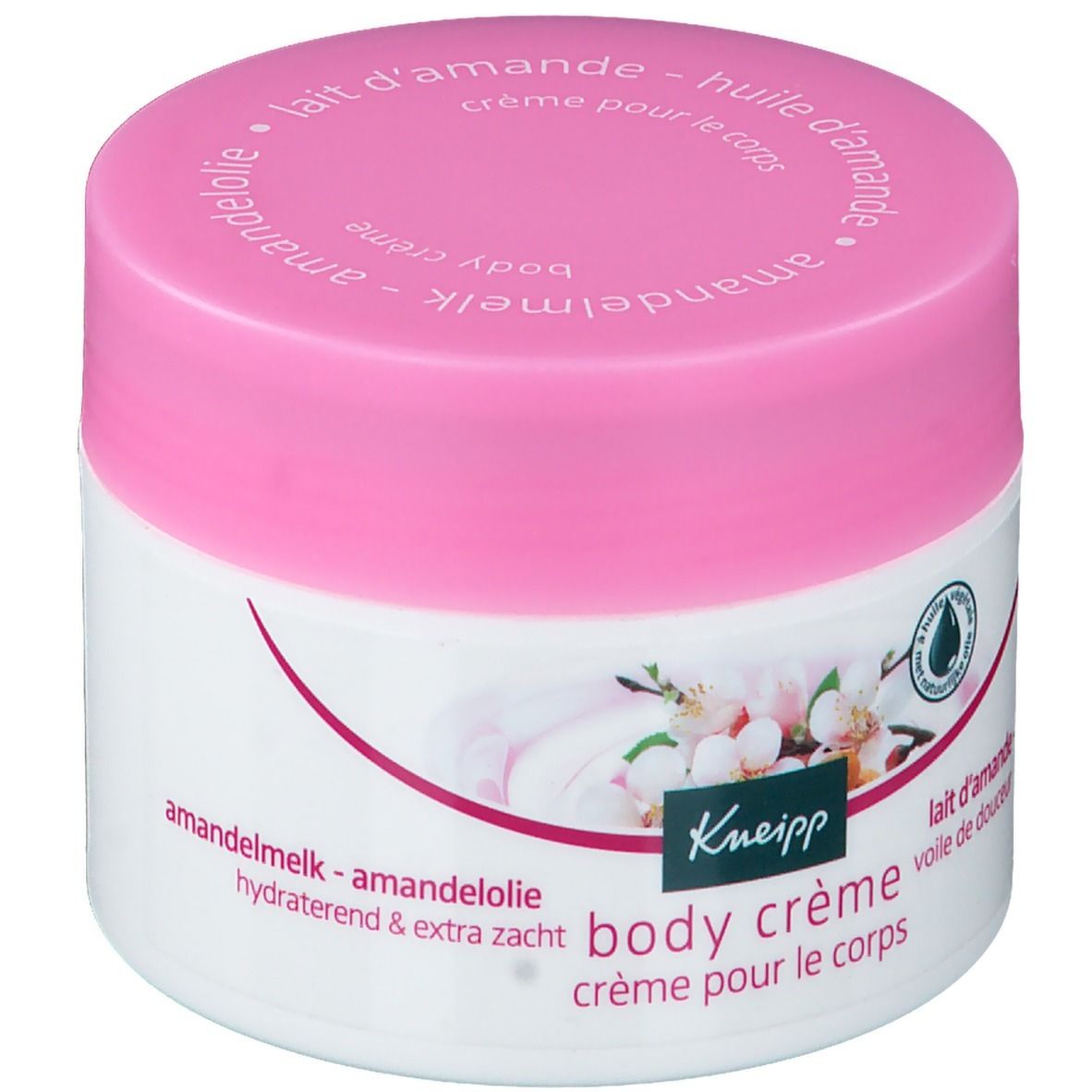 Pot blanc avec couvercle rose. Inscription: Kneipp body crème. Décor floral. Lait d'amande.