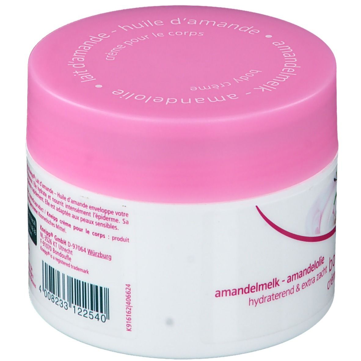 Pot blanc avec couvercle rose. Dos avec texte et code-barres. Inscription: Kneipp. Lait d'amande.