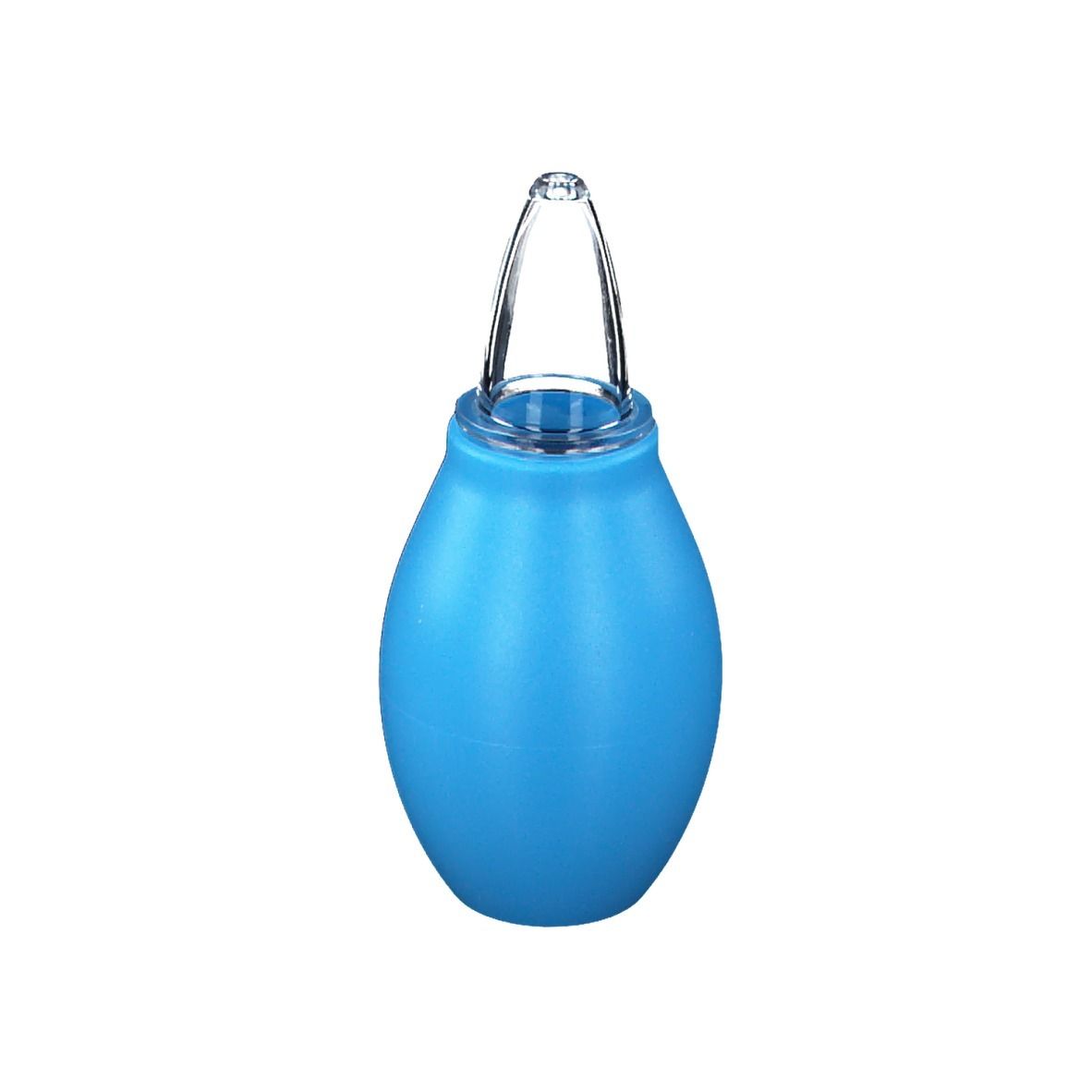 Aspirateur nasal bleu avec embout transparent. Corps en forme de poire.