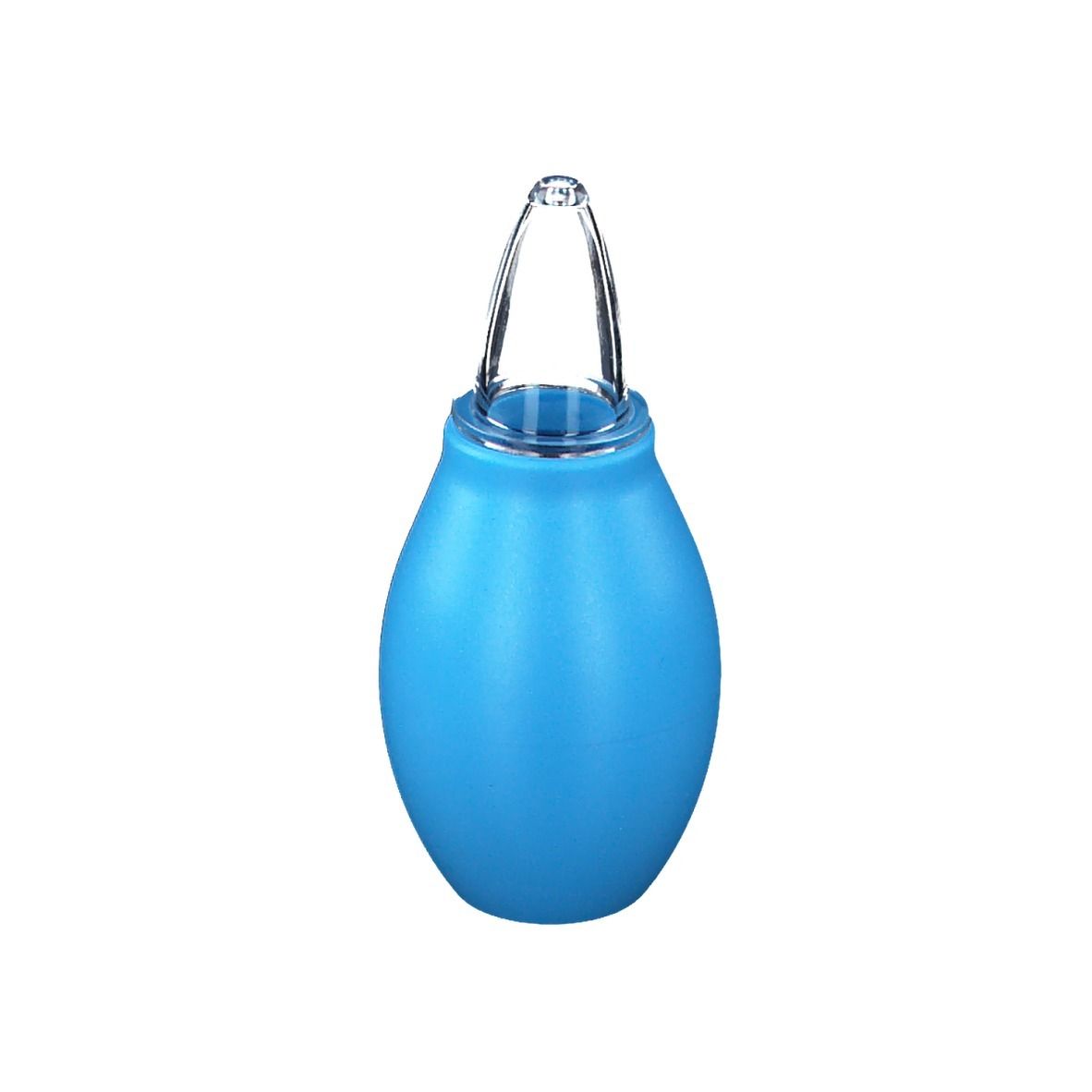 Aspirateur nasal bleu avec embout transparent. Corps en forme de poire.
