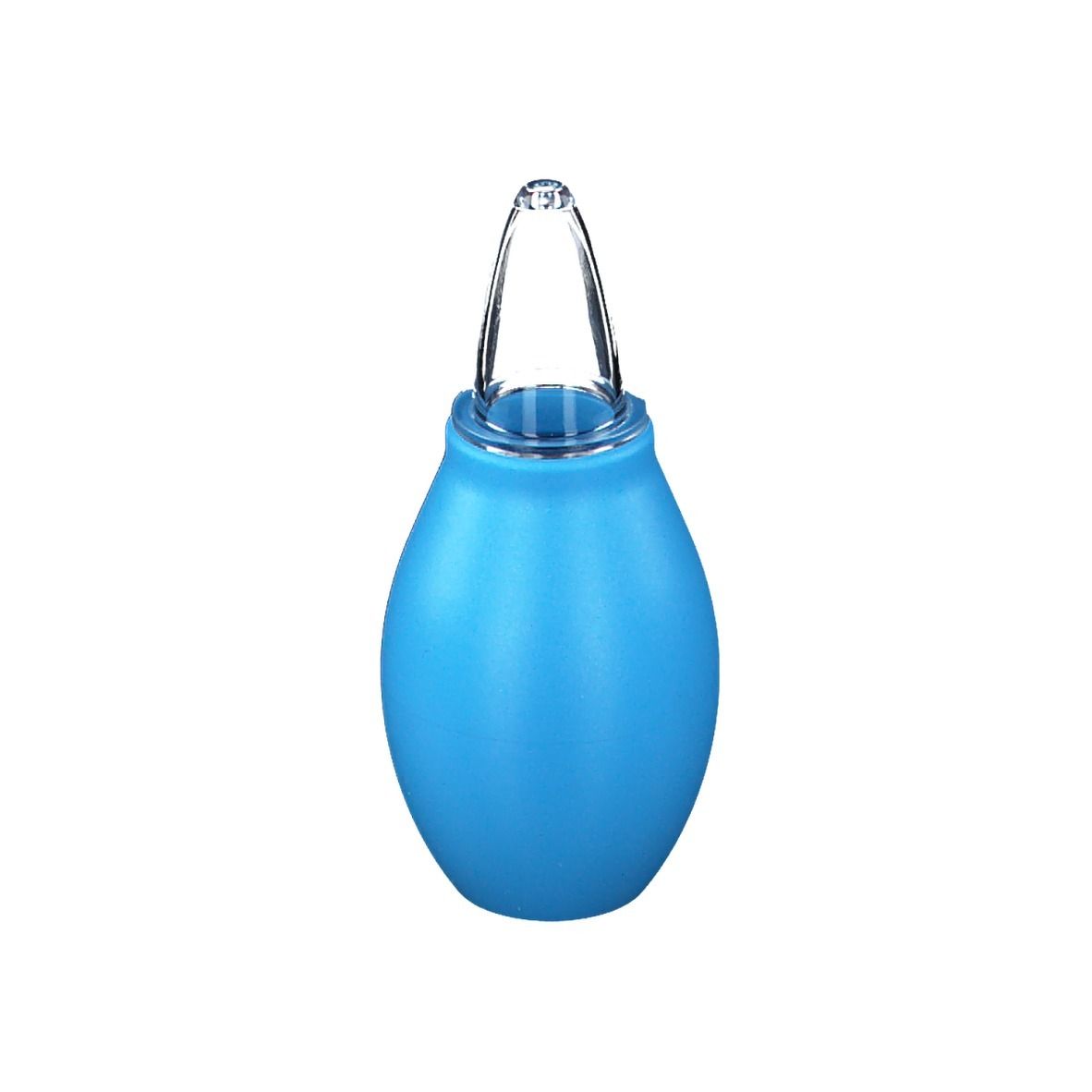 Aspirateur nasal bleu avec embout transparent. Corps en forme de poire.
