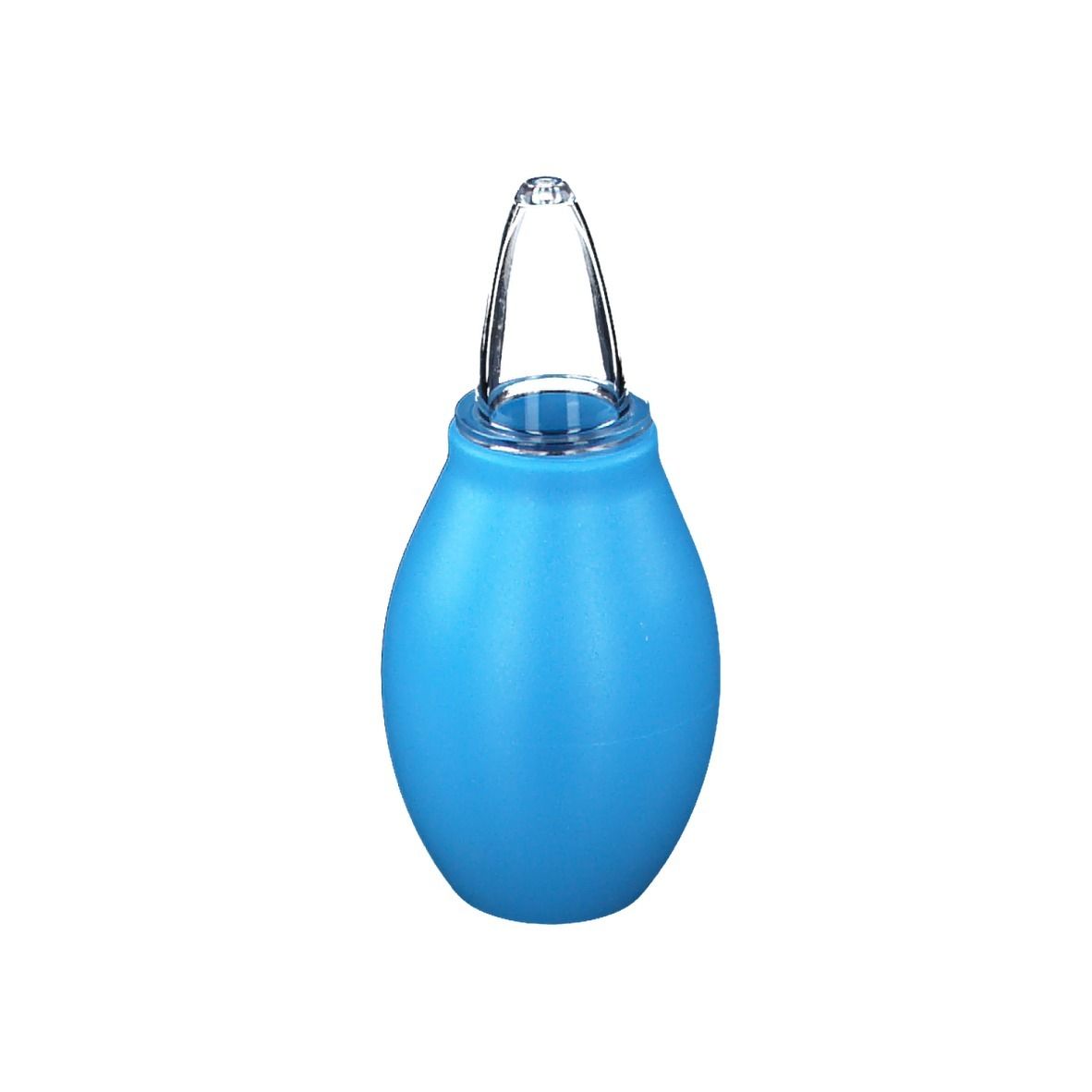 Aspirateur nasal bleu avec embout transparent. Corps en forme de poire.