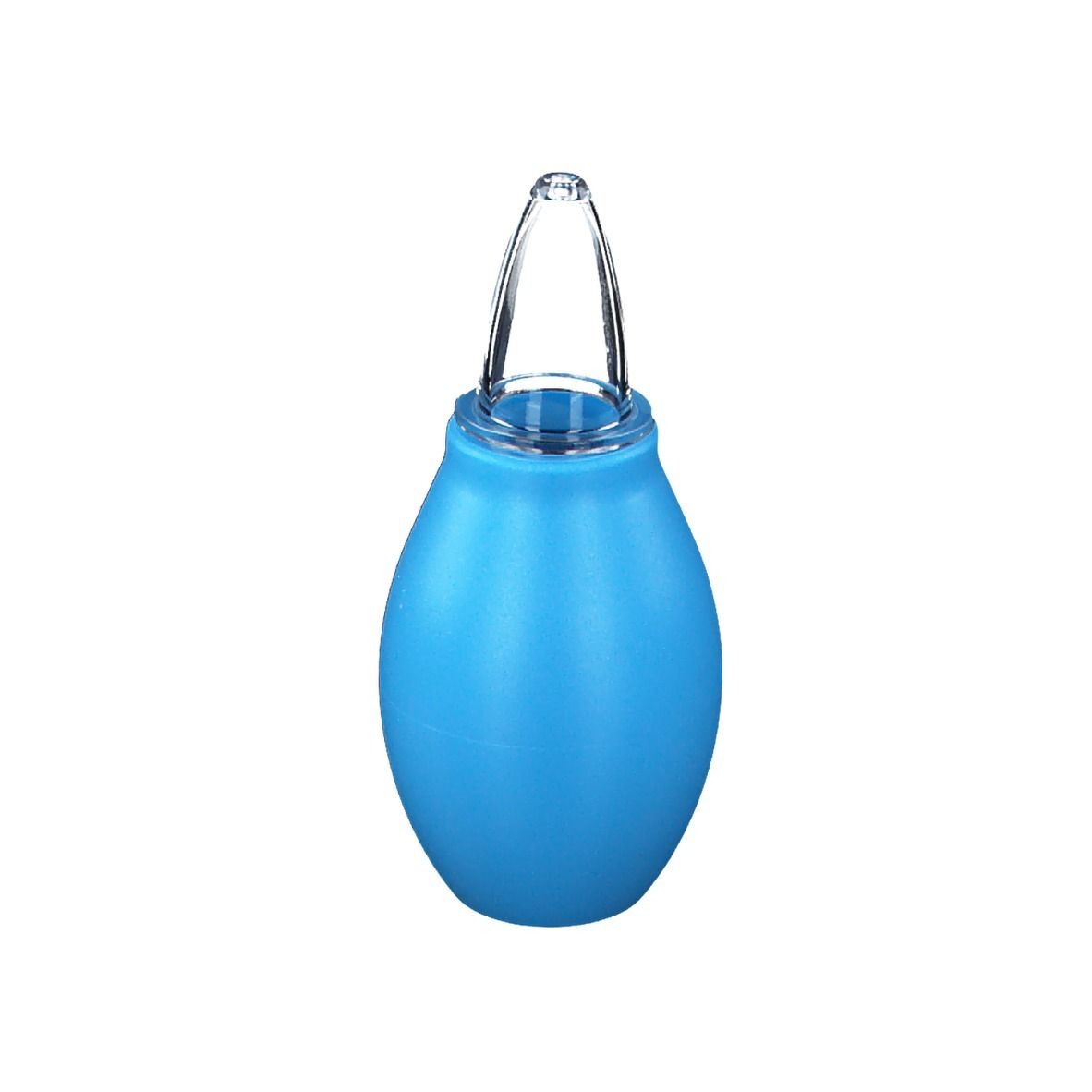 Aspirateur nasal bleu avec embout transparent. Corps en forme de poire.
