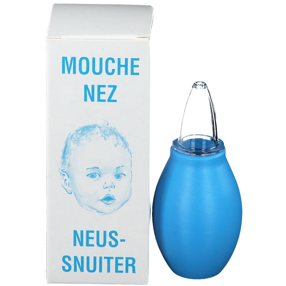 Aspirateur nasal avec emballage. Emballage avec nom du produit et dessin de bébé.