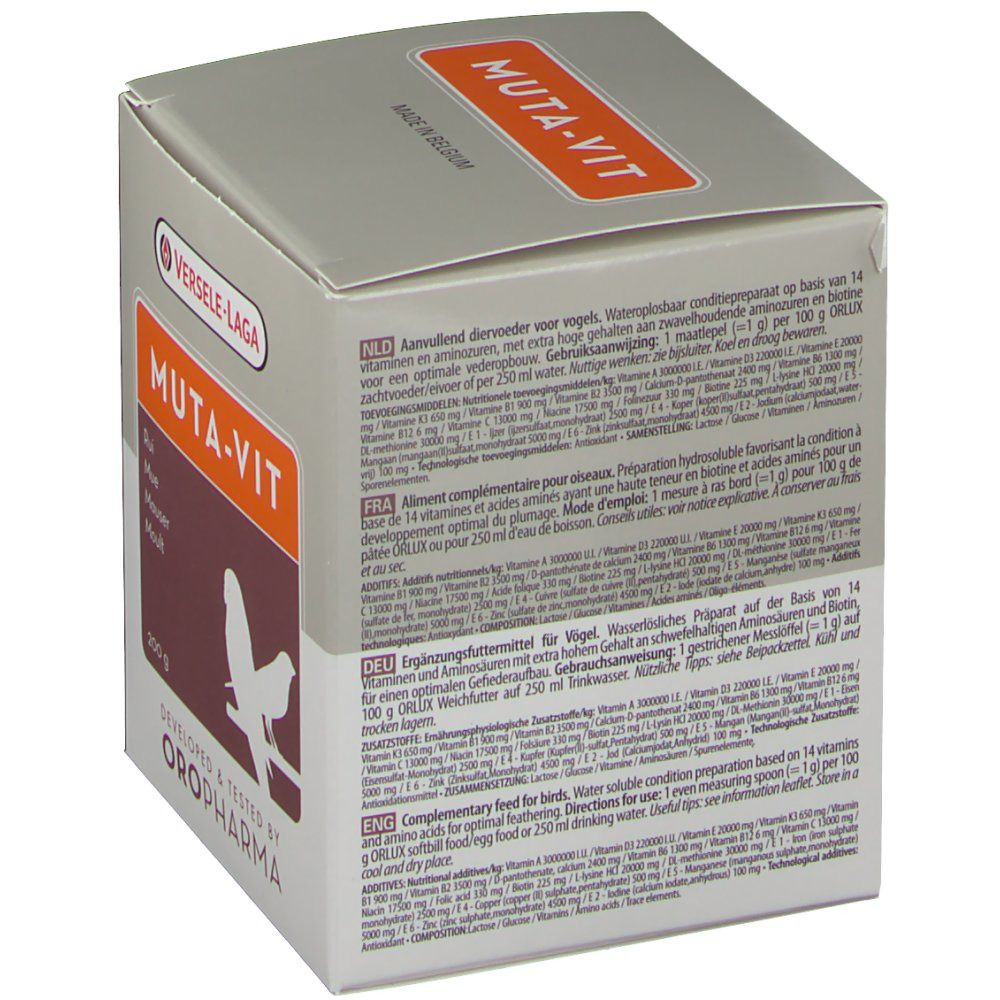 Dos de la boîte Muta-Vit. Texte multilingue. Logo Verselle-Laga. 200g. Ingrédients et mode d'emploi.