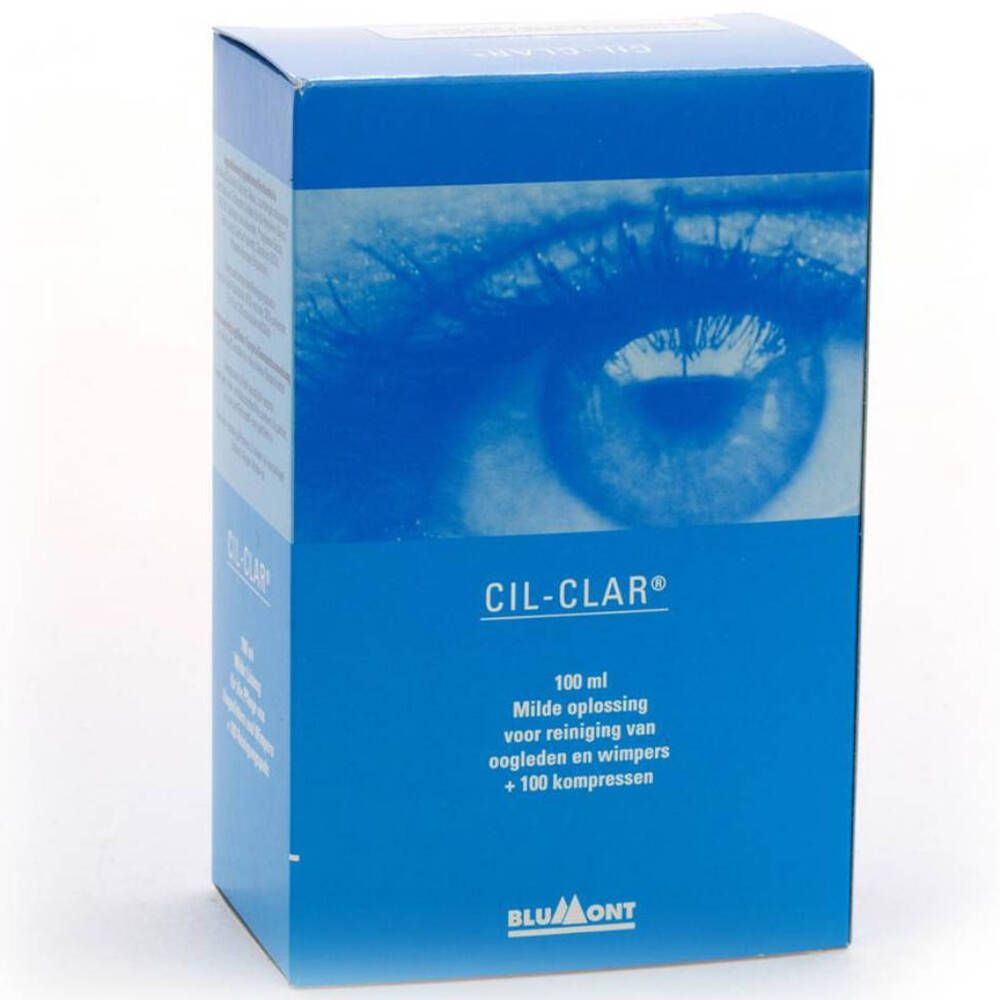 Blauwe verpakking CIL-CLAR. Bevat 100 ml oplossing en 100 kompressen. Merk BLUMONT. Achtergrond met oog.