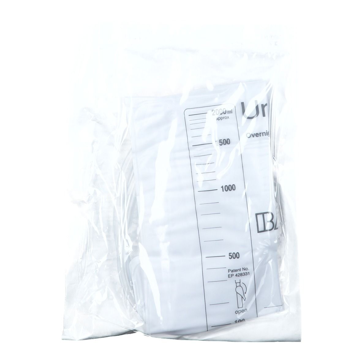 Emballage transparent. À l'intérieur, poche à urine blanche avec échelle et logo. Capacité : 1000 ml.