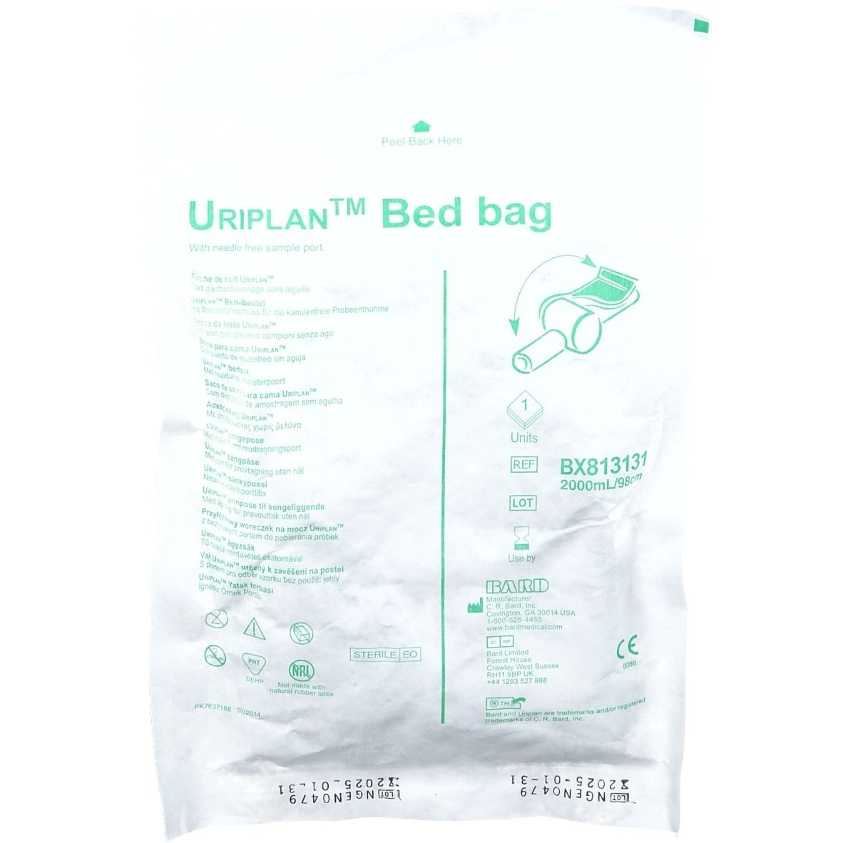 Emballage blanc avec nom du produit et illustration. Contient une poche à urine. Volume : 2000 ml. Avec marquage CE.