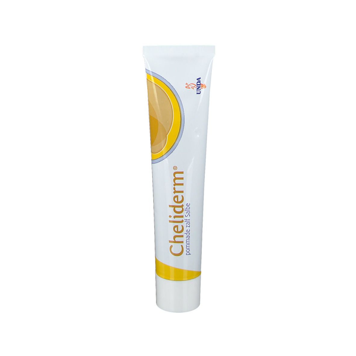 Tube de crème blanche et jaune. Inscription: Cheliderm, pommade zaal Salbe. Marque UNDA.