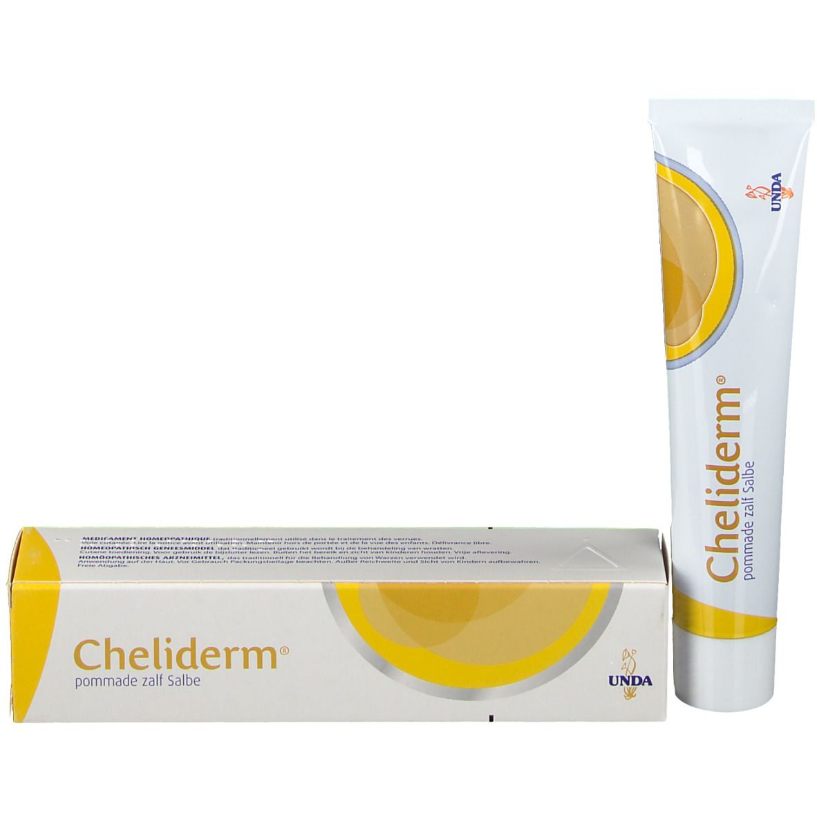 Emballage et tube. Emballage: blanc avec éléments jaunes. Tube: blanc avec éléments jaunes. Inscription: Cheliderm, UNDA.