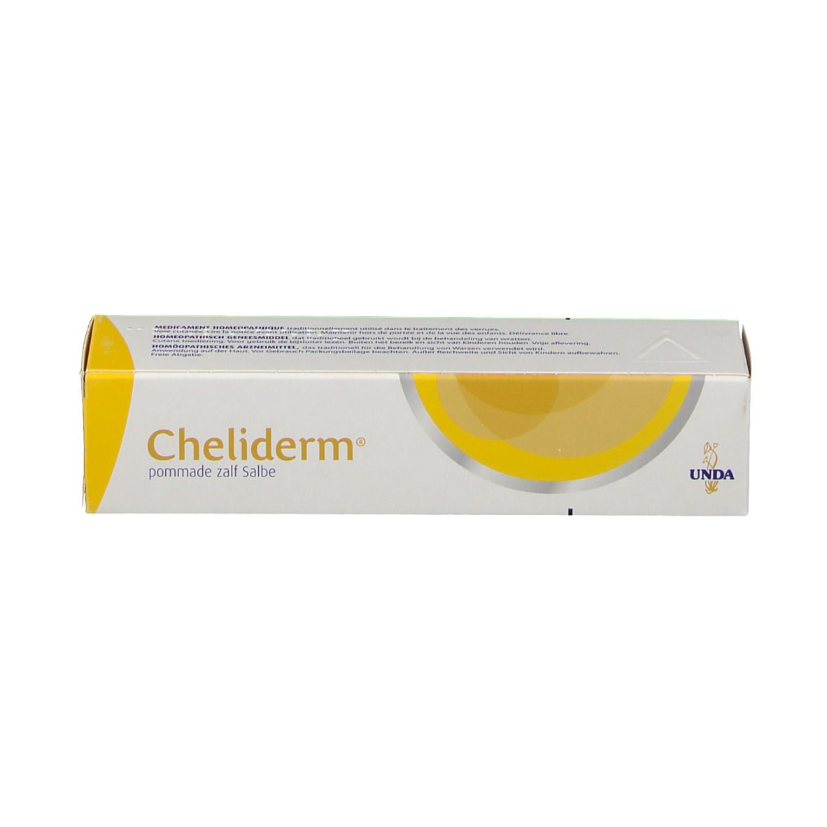 Emballage du produit. Blanc avec éléments jaunes. Inscription: Cheliderm, pommade zaal Salbe. Marque UNDA.