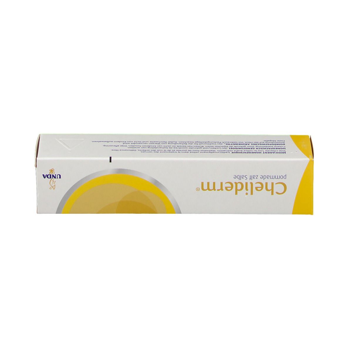 Emballage du produit. Blanc avec éléments jaunes. Inscription: Cheliderm, pommade zaal Salbe. Marque UNDA.