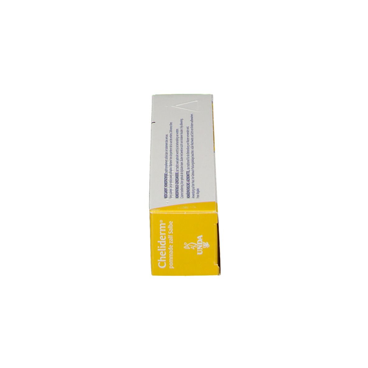 Vue latérale de l'emballage du produit. Blanc avec éléments jaunes. Inscription: Cheliderm, marque UNDA.