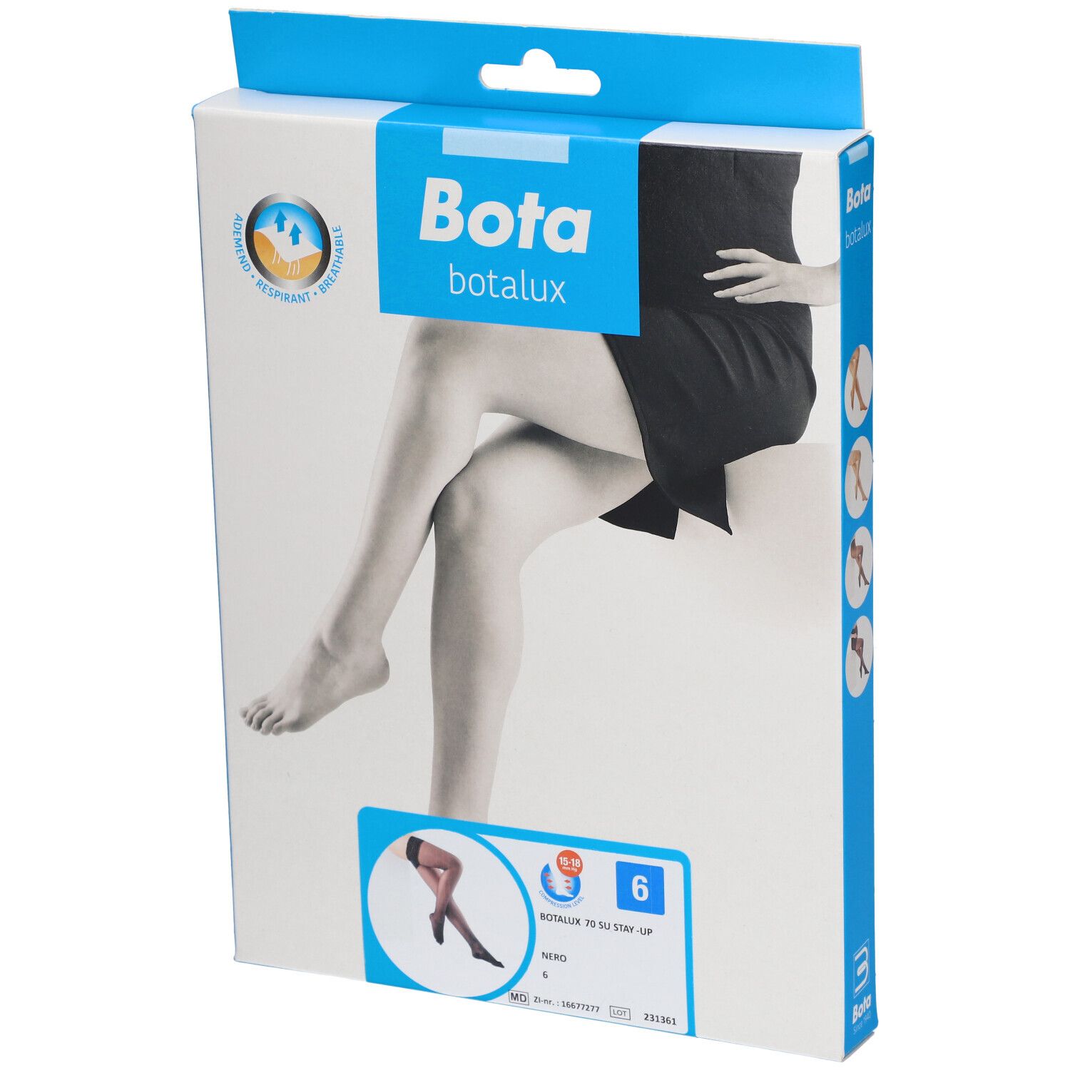 Boîte de bas Bota Botalux. Inscription : Bota, Botalux, taille 6, Nero. Illustration d'une femme portant des bas.