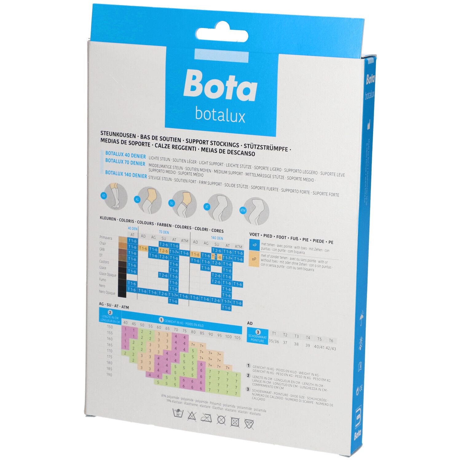 Dos de la boîte de bas Bota Botalux. Informations de taille et tableau des couleurs. Inscription : Bota, Botalux, bas de maintien.