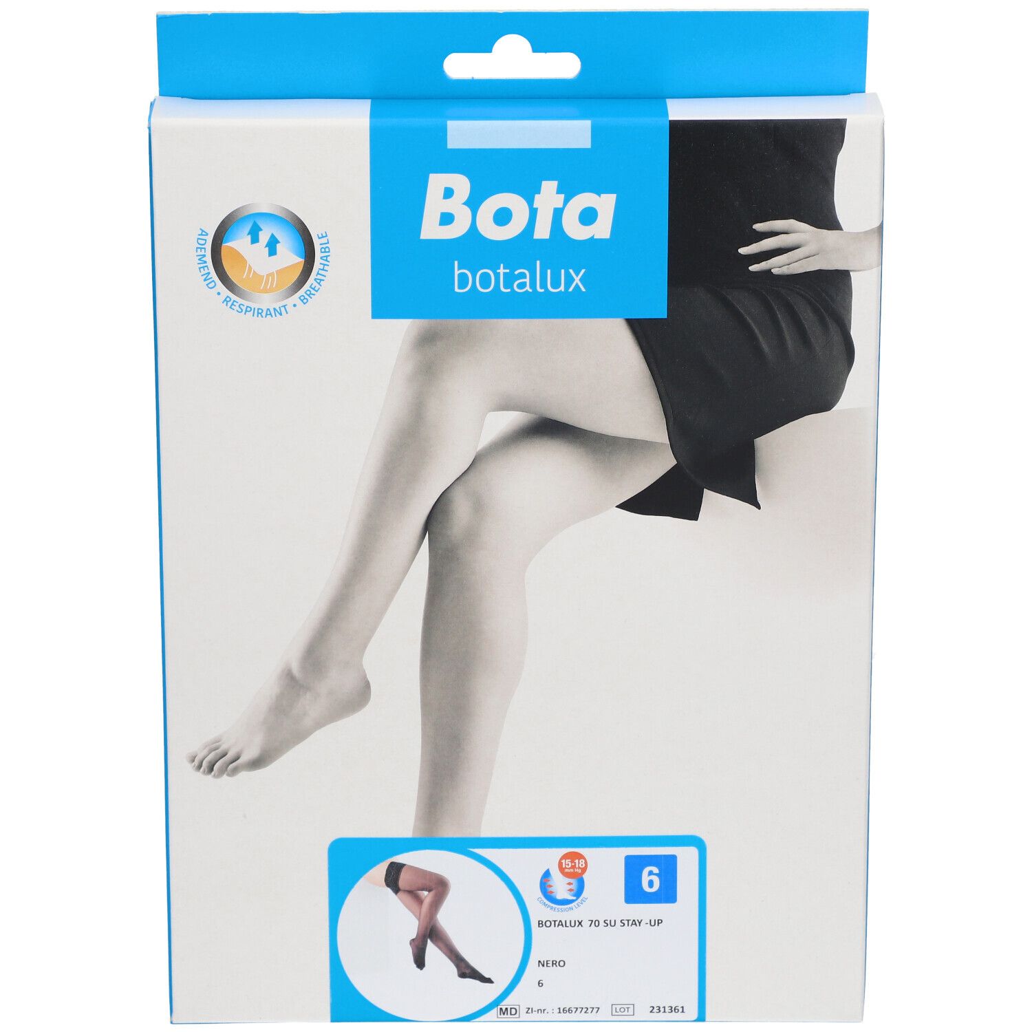 Vue de face de la boîte de bas Bota Botalux. Inscription : Bota, Botalux, taille 6, Nero. Illustration d'une femme avec des bas.