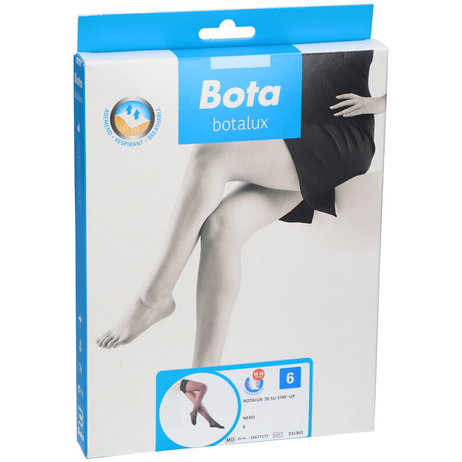 Vue de face de la boîte de bas Bota Botalux. Inscription : Bota, Botalux, taille 6, Nero. Illustration d'une femme avec des bas.