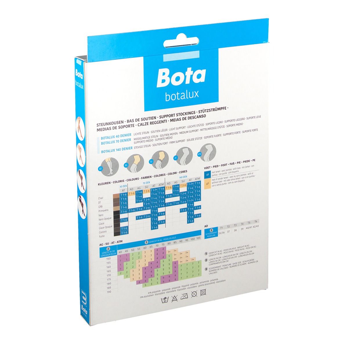 Dos de l'emballage Bota Botalux. Informations sur les tailles et les couleurs. Marque Bota.
