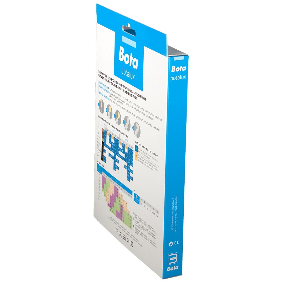 Emballage Bota Botalux. Vue latérale avec informations de taille. Marque Bota.