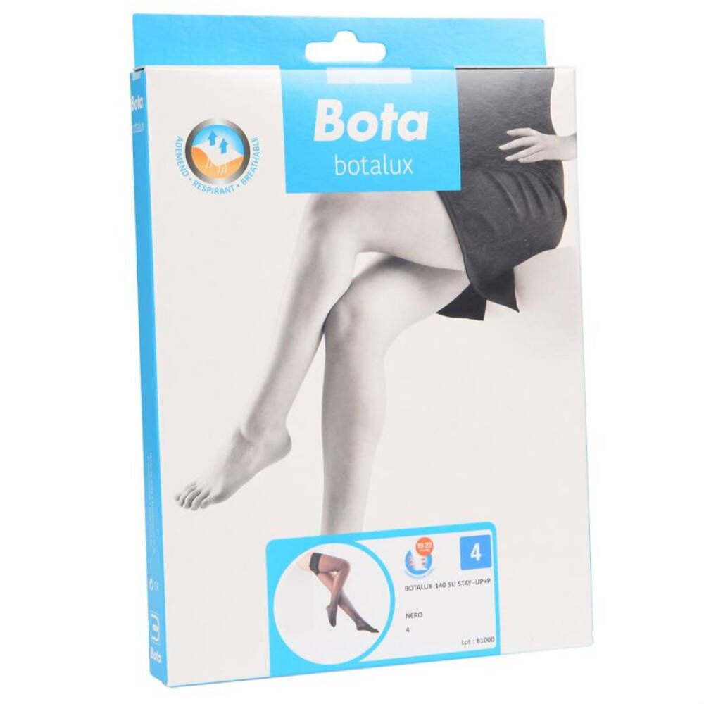 Emballage de bas Bota Botalux. Illustration d'une femme portant des bas. Taille 4. Couleur noire.