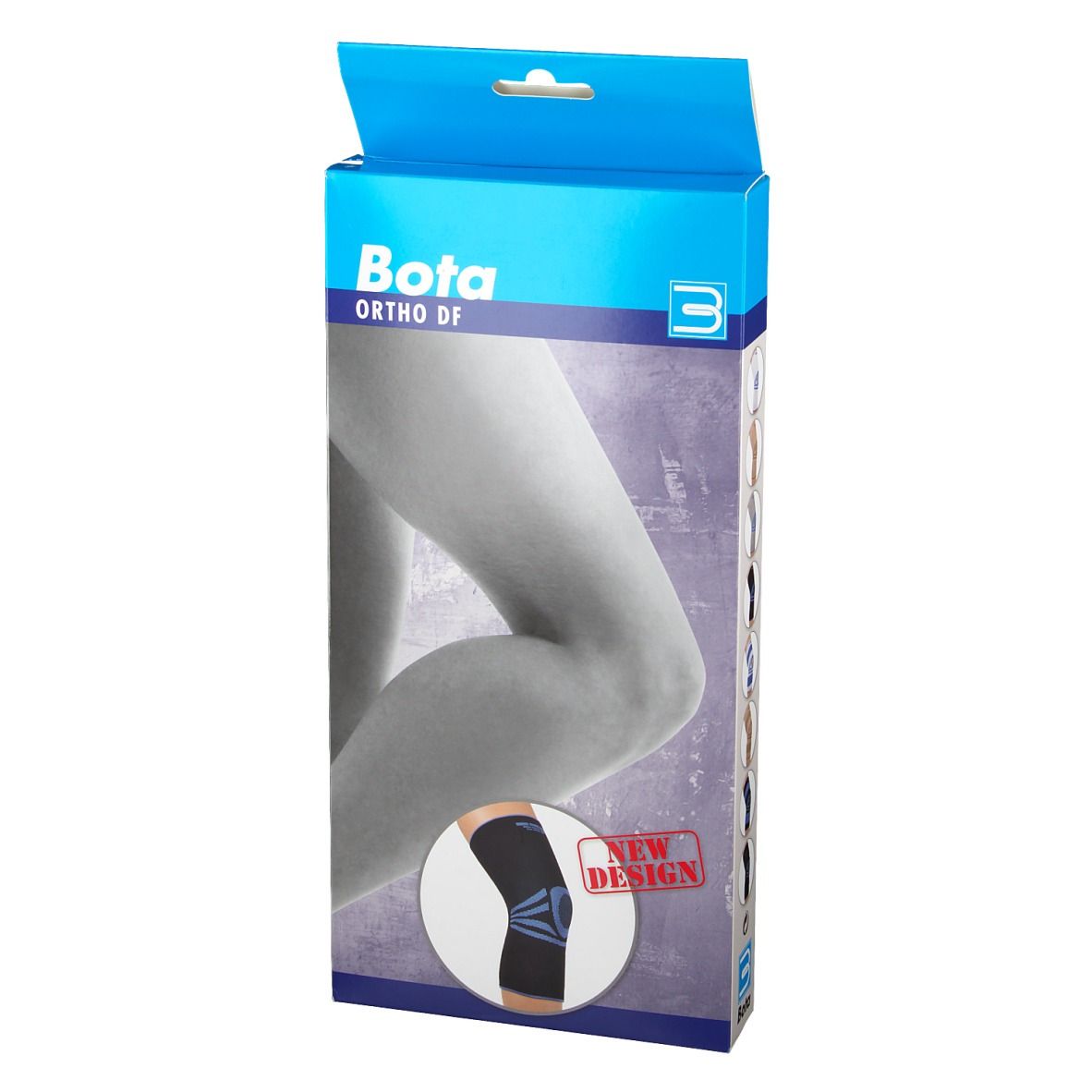 Vooraanzicht van de Bota Ortho DF kniebrace verpakking. Blauwe doos met productafbeelding en logo. "New Design" sticker.
