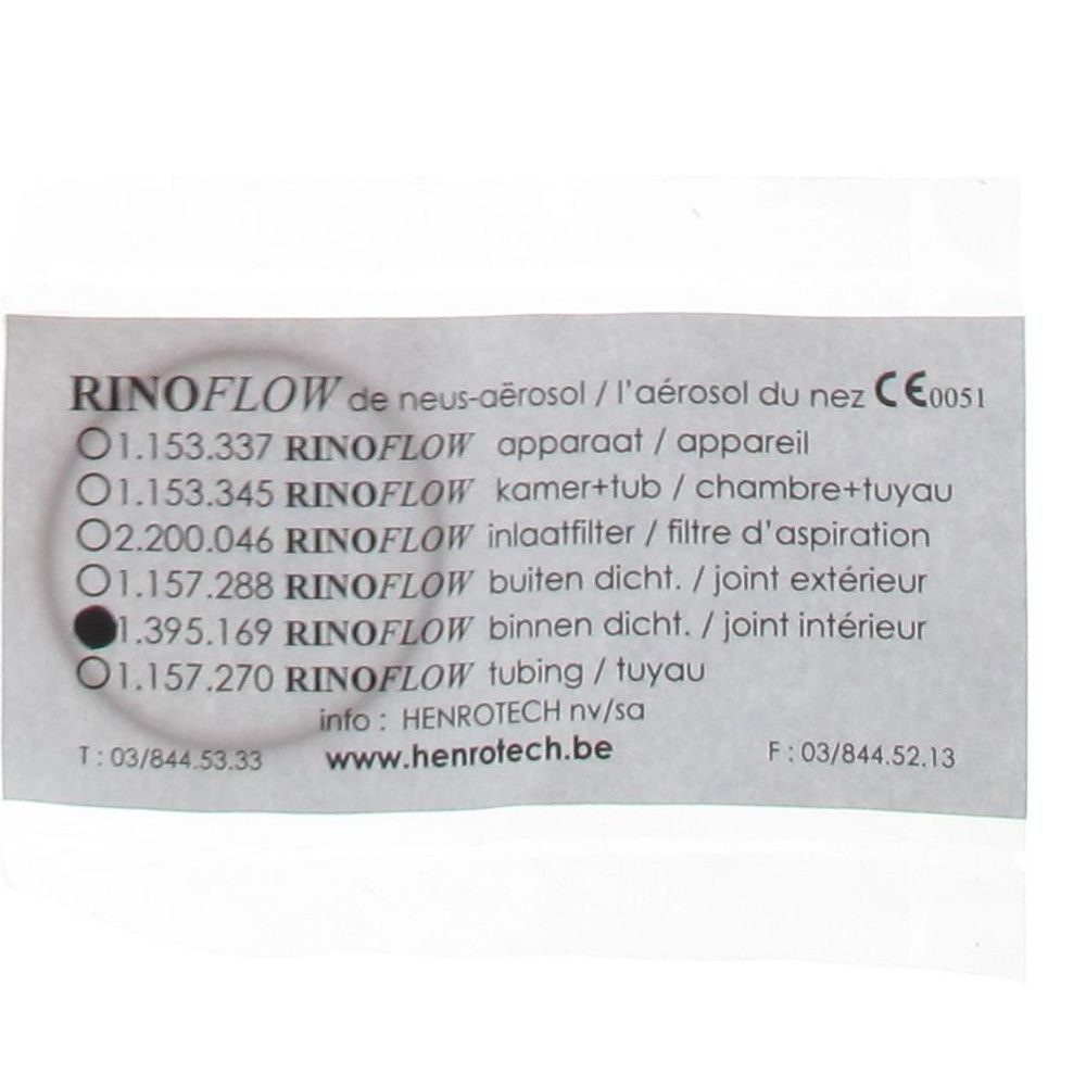 Texte avec nom de produit RINOFLOW et informations. Marquage CE. Coordonnées et site web.