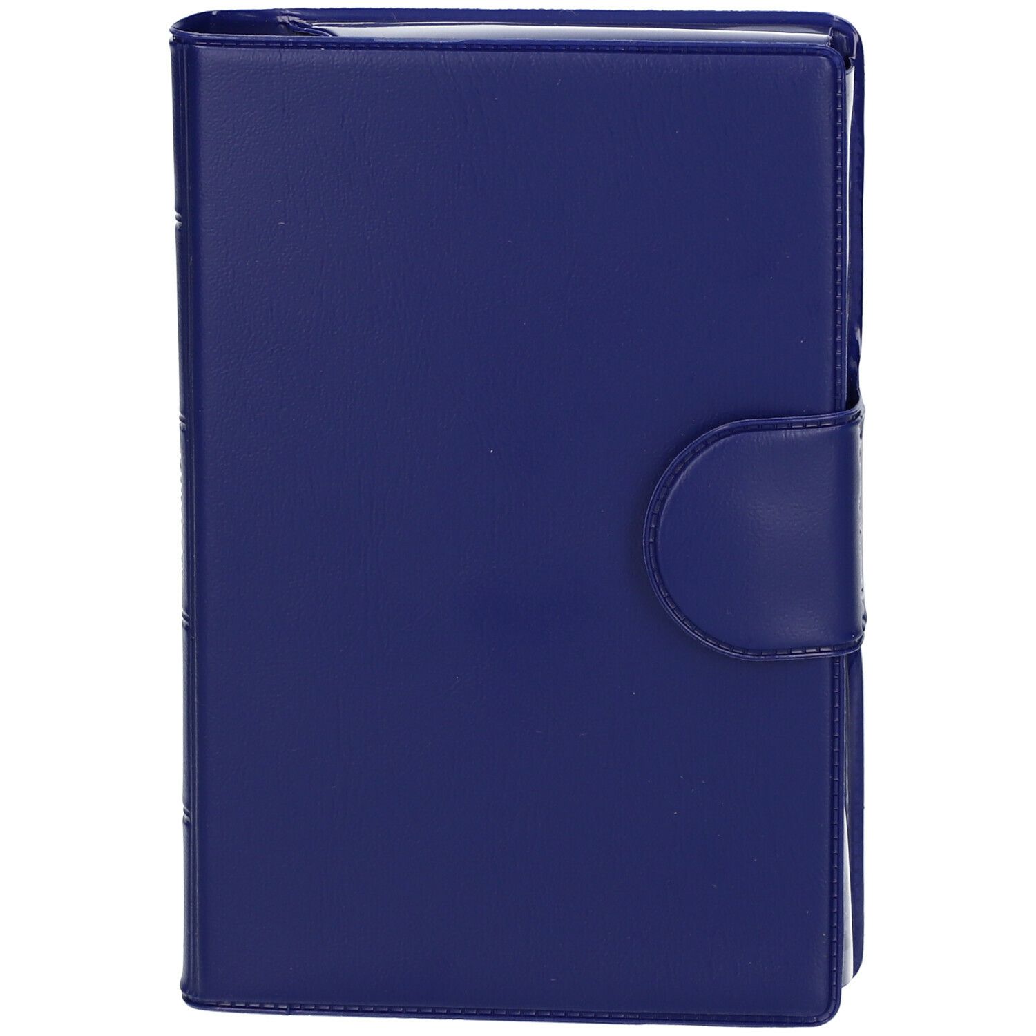 Étui bleu fermé avec fermeture à bouton-pression.