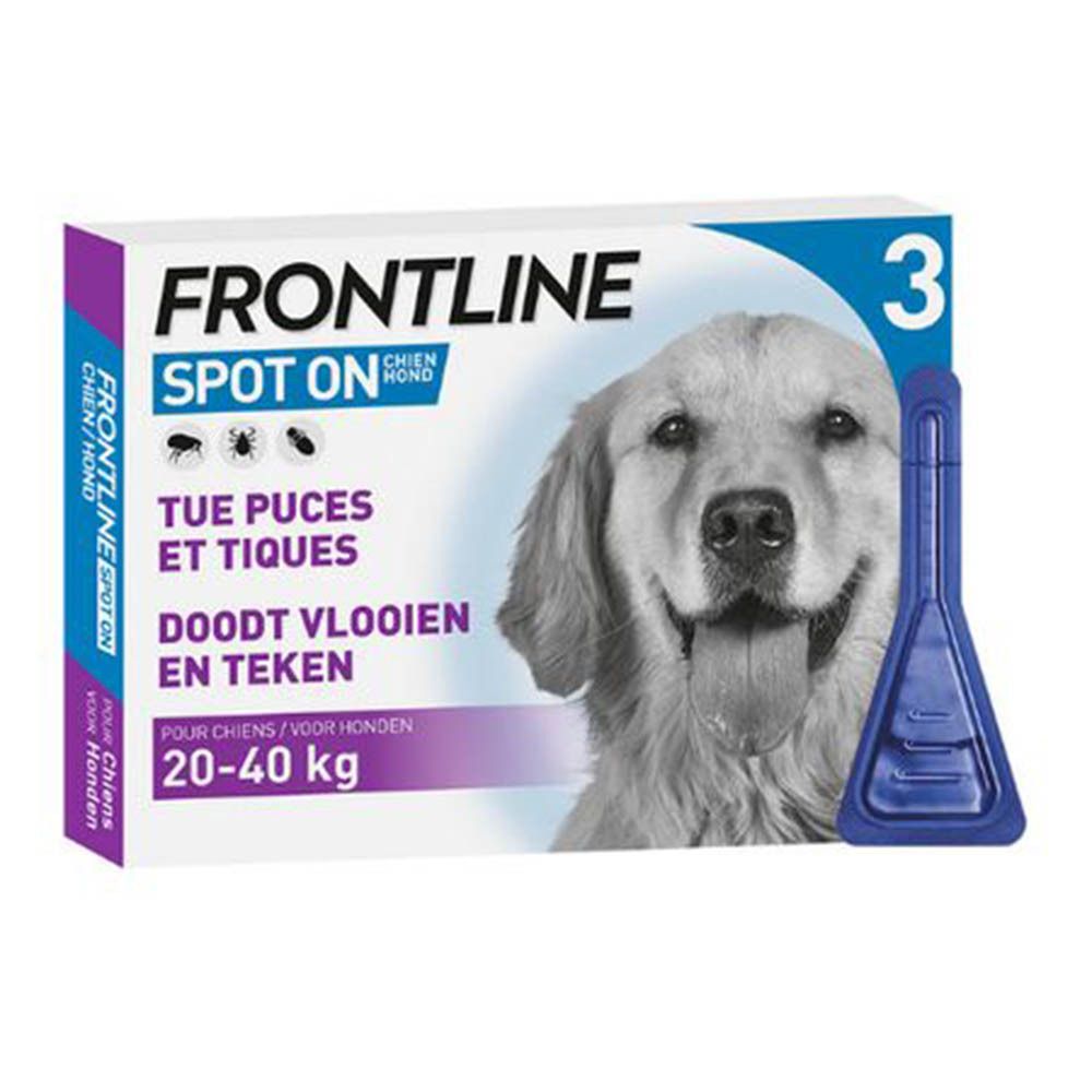 Boîte Frontline Spot On pour chiens 20-40 kg. Contient 3 pipettes. Une pipette est visible. Texte multilingue.